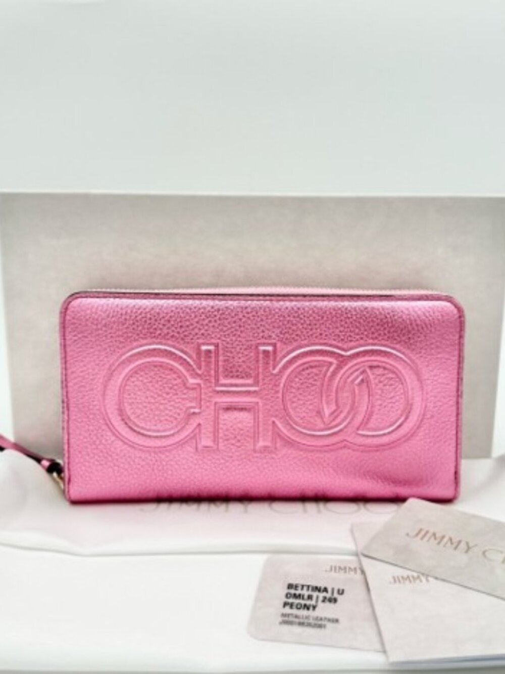Jimmy Choo Bettina Pink Metallic Leather Wallet w COA NIB